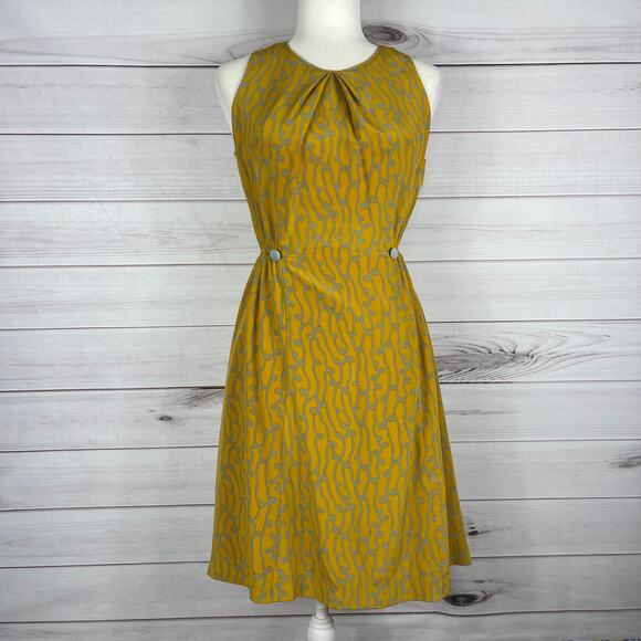 Anthropologie Girls From Savoy Silk Dress Mustard Yellow Gray Sz 4 - Picture 1 of 8